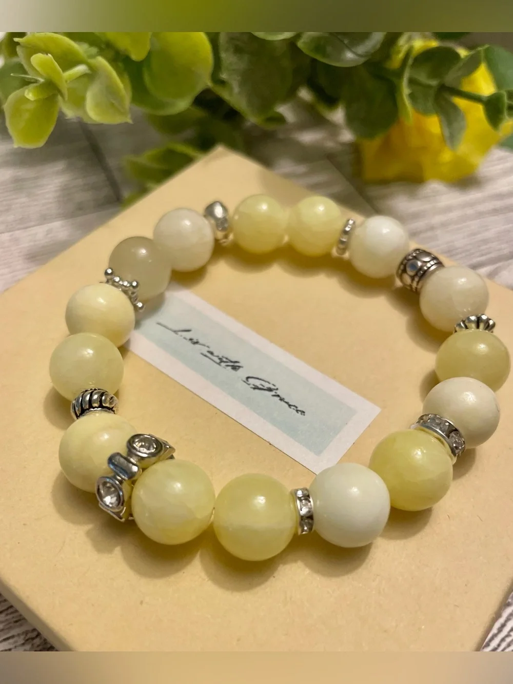 Yellow Quartz with Silver and CZ accents 10 mm stretch handmade butter yellow - Picture 4 of 5